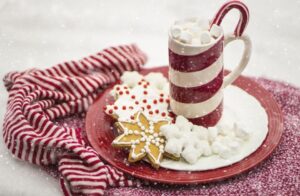 candy cane, hot chocolate, and cookies