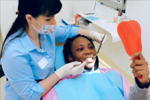 A woman undergoing dental treatment in West Hills, CA